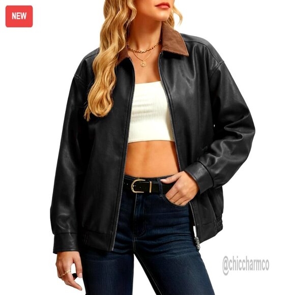 Jackets & Blazers - Oversized Bomber Leather Jacket Motorcycle Zip Up Trendy Chic Y2K